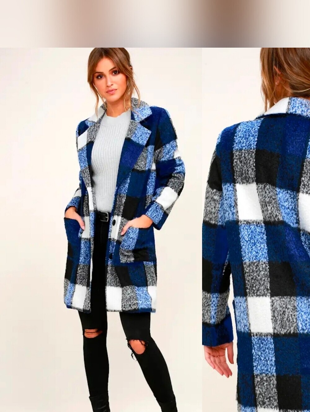 Lulus St. Cloud White and Blue Plaid Coat S